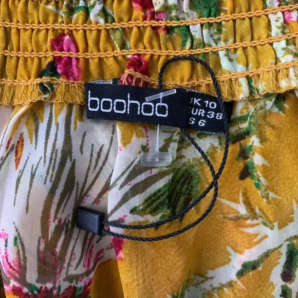 Boohoo Off the Shoulder Midi Dress 6 Yellow Floral High Low Hem Elastic Waist - Picture 7 of 7